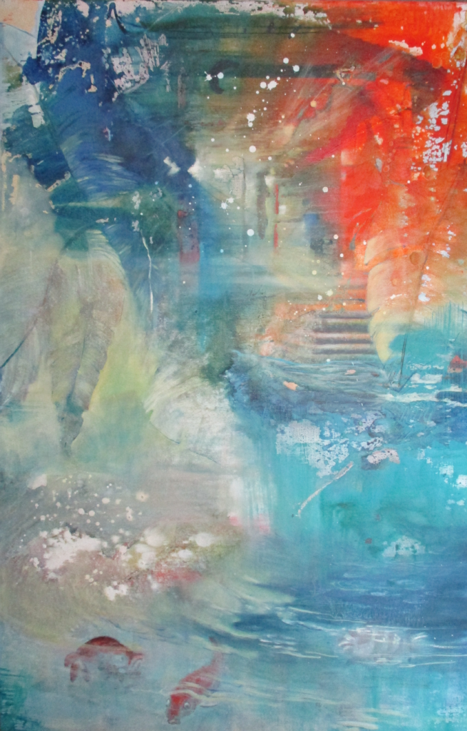 Un éclat, <br>trois petits poissons en bas à gauche,<br>huile sur toile,<br>65x100cm